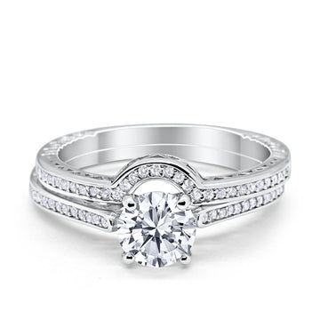 Filigree Two Piece Wedding Ring Round Simulated Cubic Zirconia 925 Sterling Silver